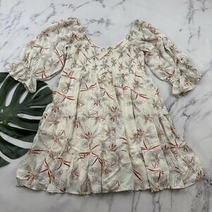 Listicle Womens Smocked Dress Size L White Orange Floral Pockets Ruffles Tiered